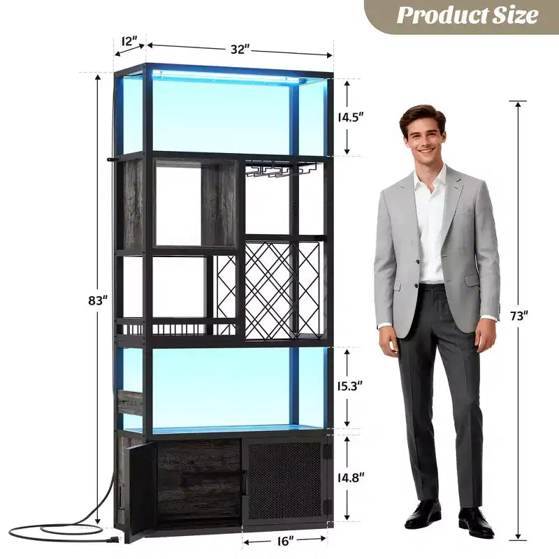 Besiost Mobile Bar per Vino a Colonna da 82,6" con Luci LED e Prese Elettriche