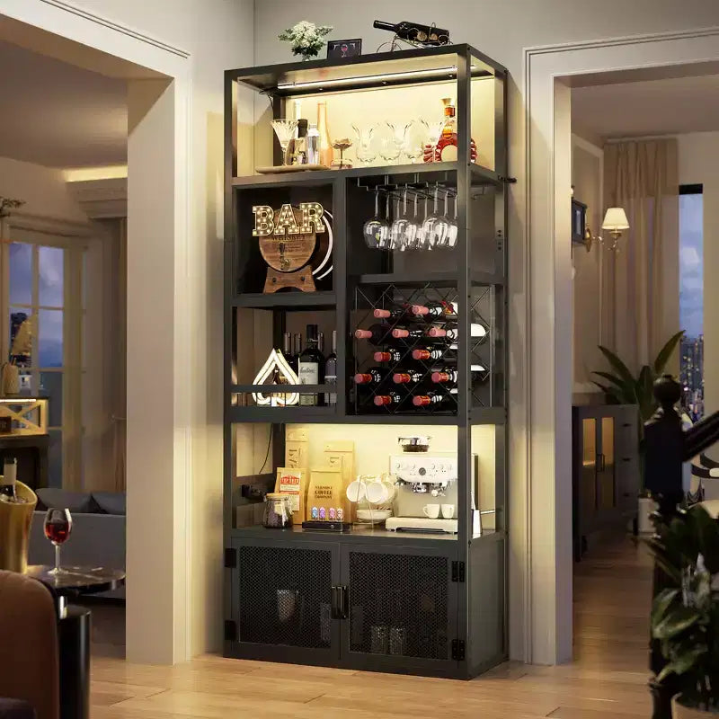 Besiost Mobile Bar per Vino a Colonna da 82,6" con Luci LED e Prese Elettriche