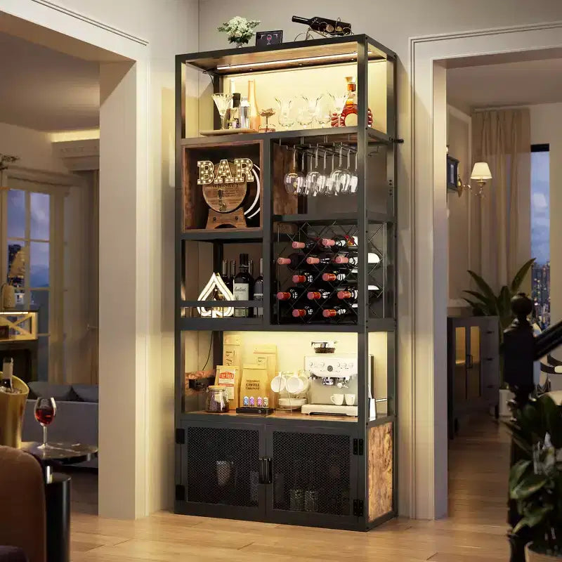 Besiost Mobile Bar per Vino a Colonna da 82,6" con Luci LED e Prese Elettriche