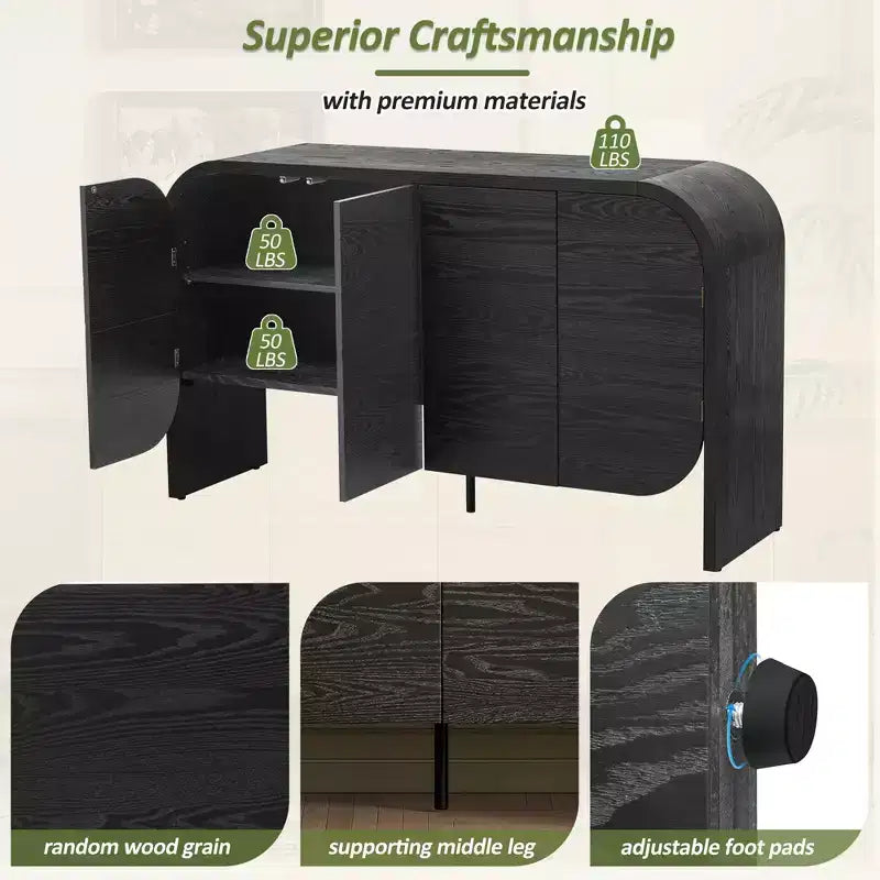 Madia a quattro ante in stile retrò, credenza in legno con ampio spazio contenitivo e angoli arrotondati, perfetta per soggiorno o ingresso, nera, 74 cm.
