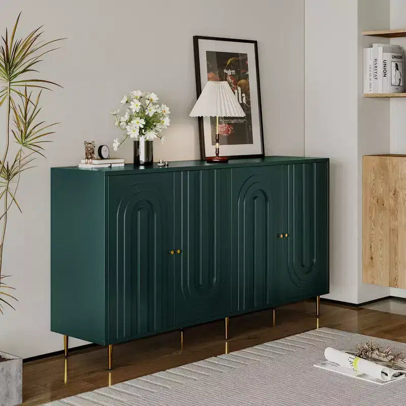 TUYOHW Mobiletto/Consolle da Ingresso/Sala da Pranzo a 4 Ante Laccato in Legno con Maniglie Dorate, Ripiani Regolabili, Credenza Contenitore