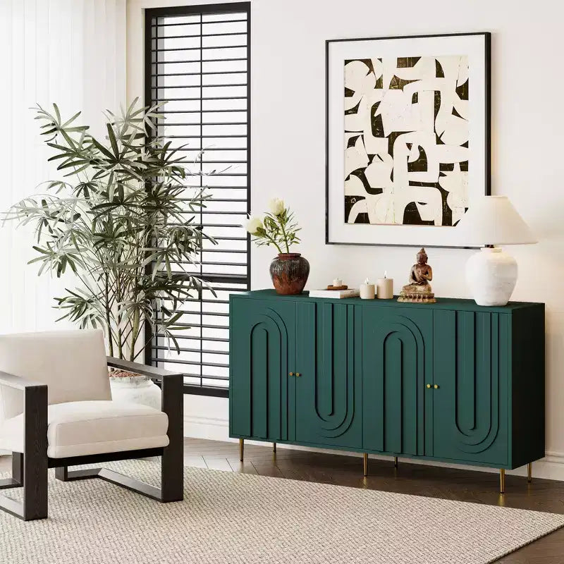 TUYOHW Mobiletto/Consolle da Ingresso/Sala da Pranzo a 4 Ante Laccato in Legno con Maniglie Dorate, Ripiani Regolabili, Credenza Contenitore