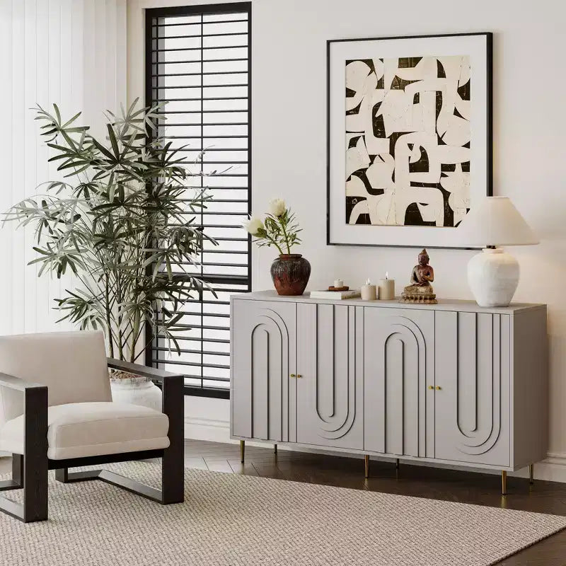 TUYOHW Commode en bois laqué à 4 portes, Console avec poignées dorées, Étagères réglables, Buffet de rangement pour entrée, Salle à manger