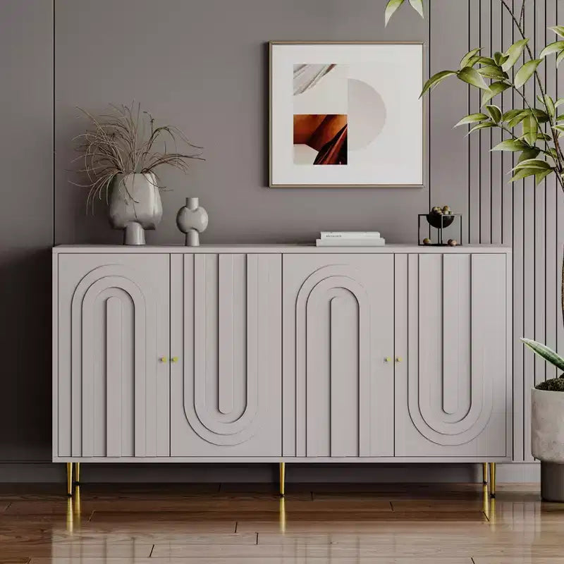 TUYOHW Mobiletto/Consolle da Ingresso/Sala da Pranzo a 4 Ante Laccato in Legno con Maniglie Dorate, Ripiani Regolabili, Credenza Contenitore