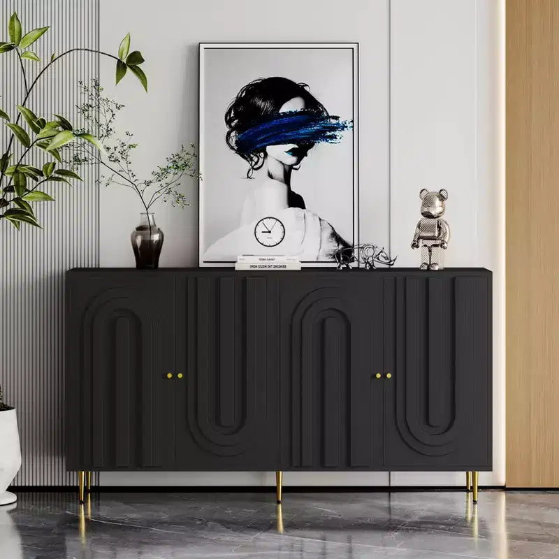 TUYOHW Commode en bois laqué à 4 portes, Console avec poignées dorées, Étagères réglables, Buffet de rangement pour entrée, Salle à manger