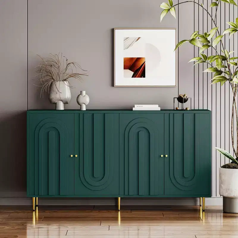 TUYOHW Commode en bois laqué à 4 portes, Console avec poignées dorées, Étagères réglables, Buffet de rangement pour entrée, Salle à manger