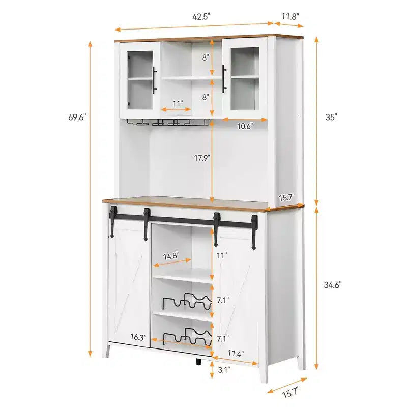 Mobile bar da fattoria con anta scorrevole a granaio, credenza rustica da 70 pollici con portabottiglie e portabicchieri per cucina, sala da pranzo o angolo bar