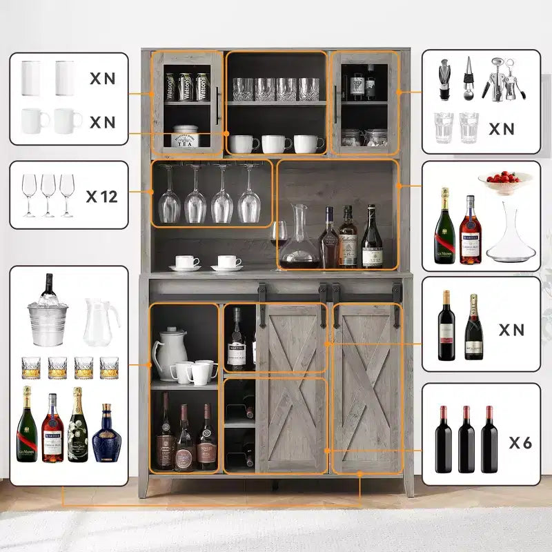 Mobile bar da fattoria con anta scorrevole a granaio, credenza rustica da 70 pollici con portabottiglie e portabicchieri per cucina, sala da pranzo o angolo bar