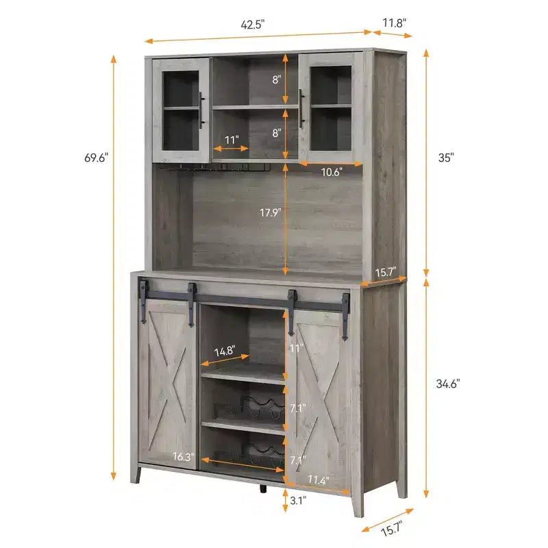 Mobile bar da fattoria con anta scorrevole a granaio, credenza rustica da 70 pollici con portabottiglie e portabicchieri per cucina, sala da pranzo o angolo bar