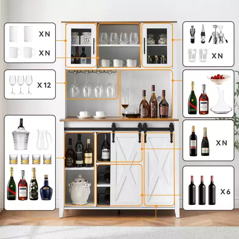Mobile bar da fattoria con anta scorrevole a granaio, credenza rustica da 70 pollici con portabottiglie e portabicchieri per cucina, sala da pranzo o angolo bar