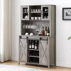 Farmhouse Bar Cabinet with Sliding Barn Door, 70 Rustic Storage Buffet with Wine Rack & Glass Holder for Kitchen, Dining Room or Home Bar