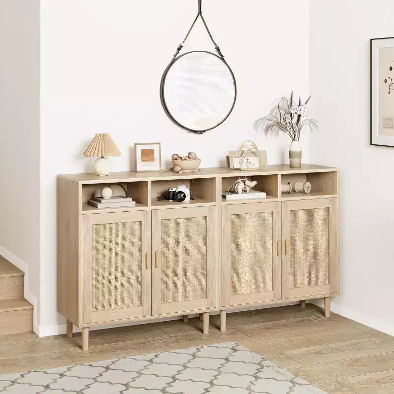2 Pack Rattan Sideboard Buffet Cabinets, Double Door Modern Accent Storage Console Tables for Dining Room, Entryway, Living Room & Coffee Bar