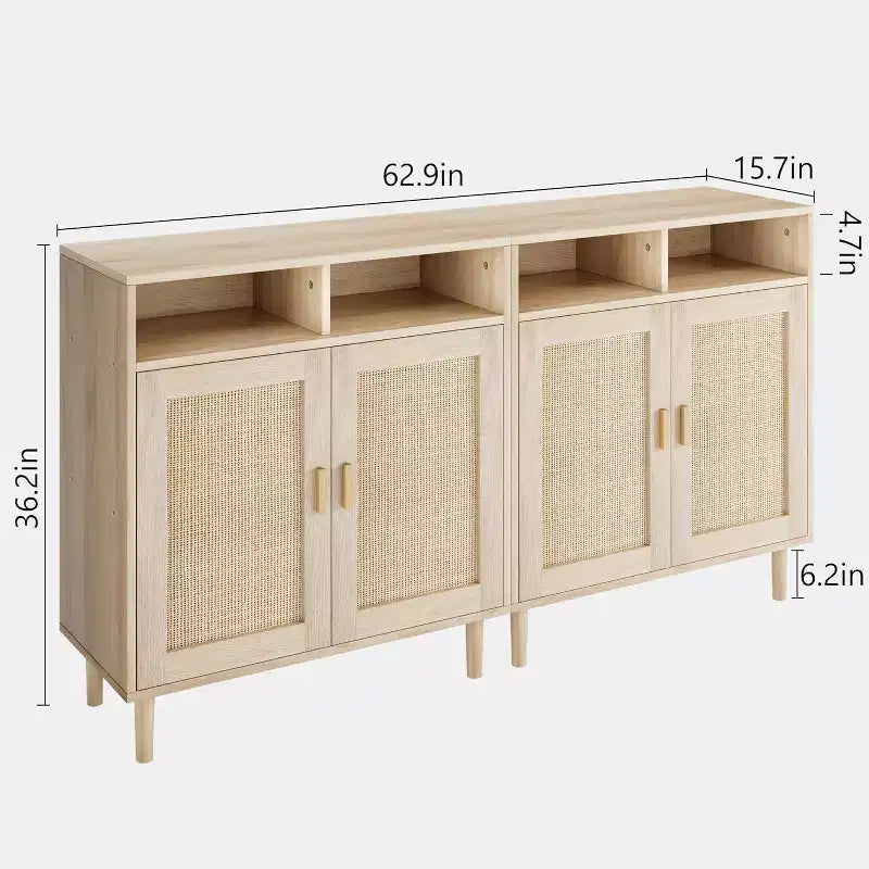 Set di 2 Madie Credenze in Rattan, Mobili Contenitori Moderni con Doppia Anta per Sala da Pranzo, Ingresso, Soggiorno e Angolo Caffè
