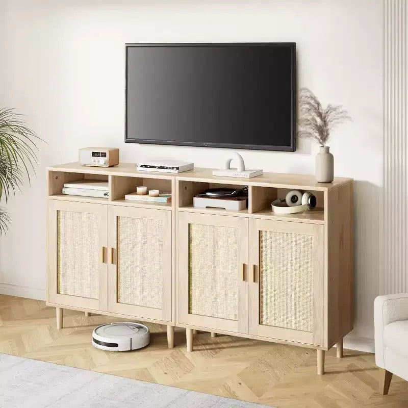 Set di 2 Madie Credenze in Rattan, Mobili Contenitori Moderni con Doppia Anta per Sala da Pranzo, Ingresso, Soggiorno e Angolo Caffè