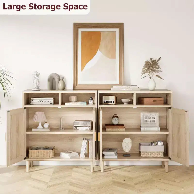 Set di 2 Madie Credenze in Rattan, Mobili Contenitori Moderni con Doppia Anta per Sala da Pranzo, Ingresso, Soggiorno e Angolo Caffè