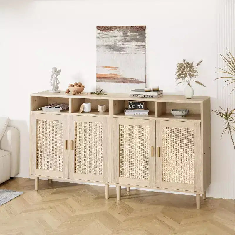 Set di 2 Madie Credenze in Rattan, Mobili Contenitori Moderni con Doppia Anta per Sala da Pranzo, Ingresso, Soggiorno e Angolo Caffè