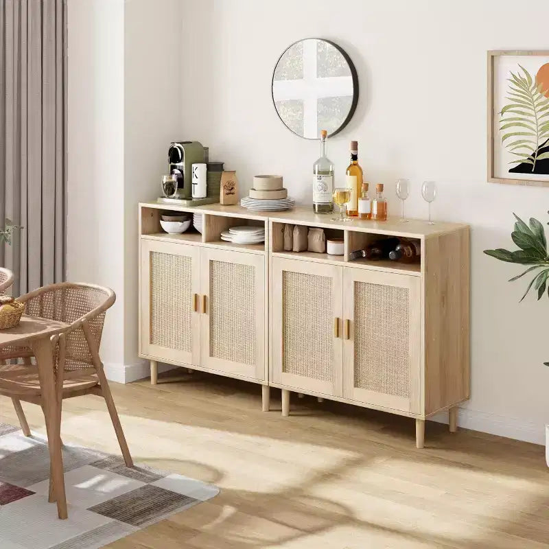 Set di 2 Madie Credenze in Rattan, Mobili Contenitori Moderni con Doppia Anta per Sala da Pranzo, Ingresso, Soggiorno e Angolo Caffè