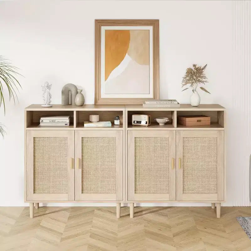 Set di 2 Madie Credenze in Rattan, Mobili Contenitori Moderni con Doppia Anta per Sala da Pranzo, Ingresso, Soggiorno e Angolo Caffè