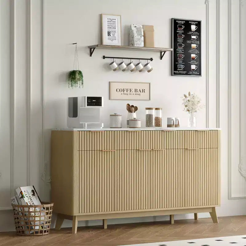 Buffet de salle à manger 60" avec rangement, buffet cannelé avec tiroirs et étagères réglables, console de bar à café en bois