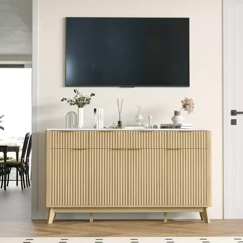 Buffet de salle à manger 60" avec rangement, buffet cannelé avec tiroirs et étagères réglables, console de bar à café en bois
