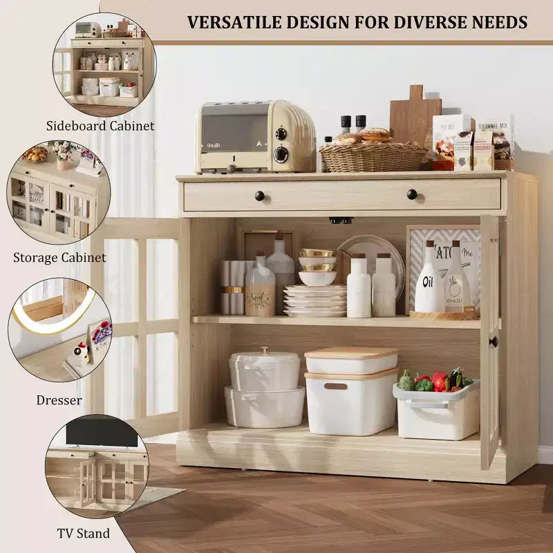 35.4 Mobile credenza moderno con ante in vetro, contenitore e cassetti - Soluzione di stoccaggio versatile per sala da pranzo e cucina