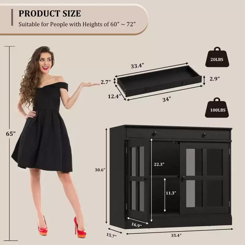 35.4 Mobile credenza moderno con ante in vetro, contenitore e cassetti - Soluzione di stoccaggio versatile per sala da pranzo e cucina