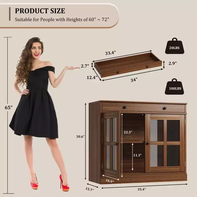 35.4 Mobile credenza moderno con ante in vetro, contenitore e cassetti - Soluzione di stoccaggio versatile per sala da pranzo e cucina