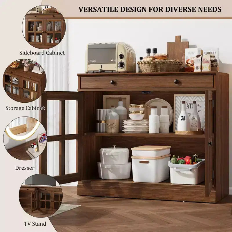 35.4 Mobile credenza moderno con ante in vetro, contenitore e cassetti - Soluzione di stoccaggio versatile per sala da pranzo e cucina