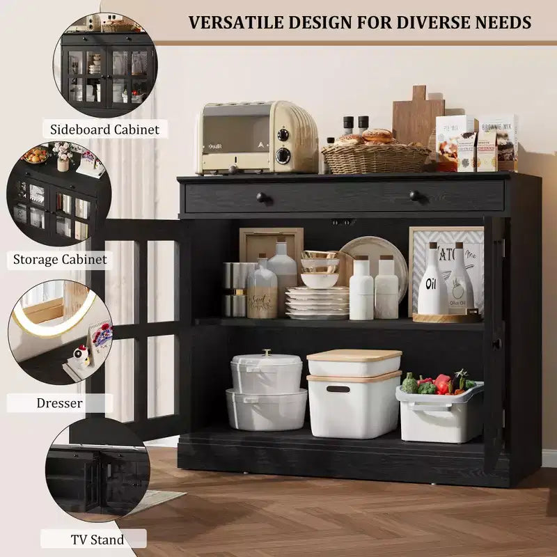 35.4 Mobile credenza moderno con ante in vetro, contenitore e cassetti - Soluzione di stoccaggio versatile per sala da pranzo e cucina