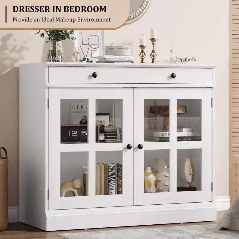 35.4 Mobile credenza moderno con ante in vetro, contenitore e cassetti - Soluzione di stoccaggio versatile per sala da pranzo e cucina