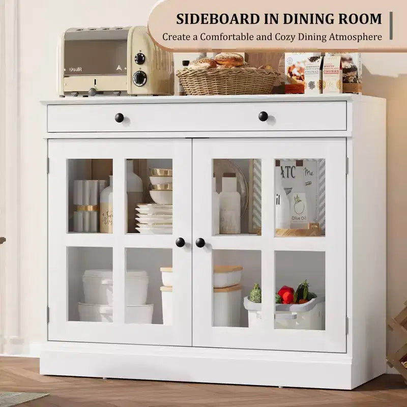 35.4 Mobile credenza moderno con ante in vetro, contenitore e cassetti - Soluzione di stoccaggio versatile per sala da pranzo e cucina