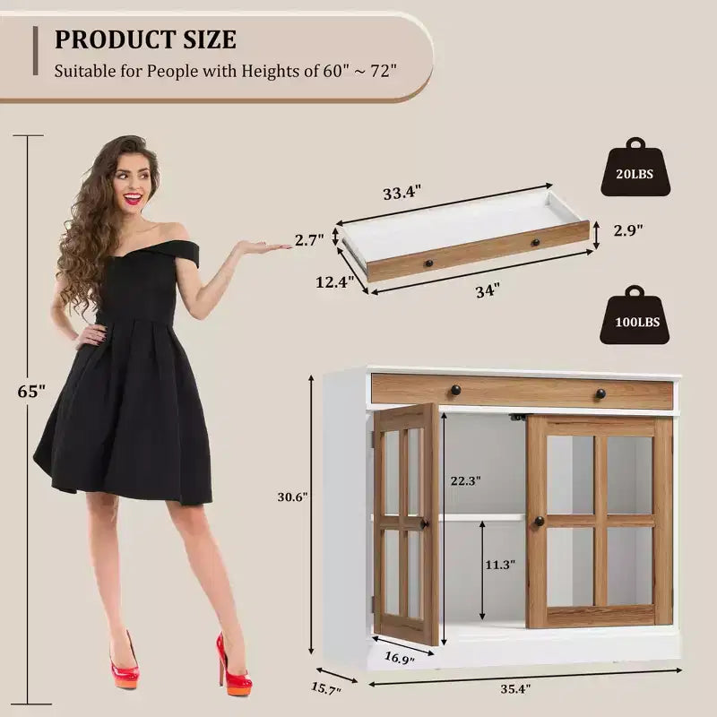 35.4 Mobile credenza moderno con ante in vetro, contenitore e cassetti - Soluzione di stoccaggio versatile per sala da pranzo e cucina