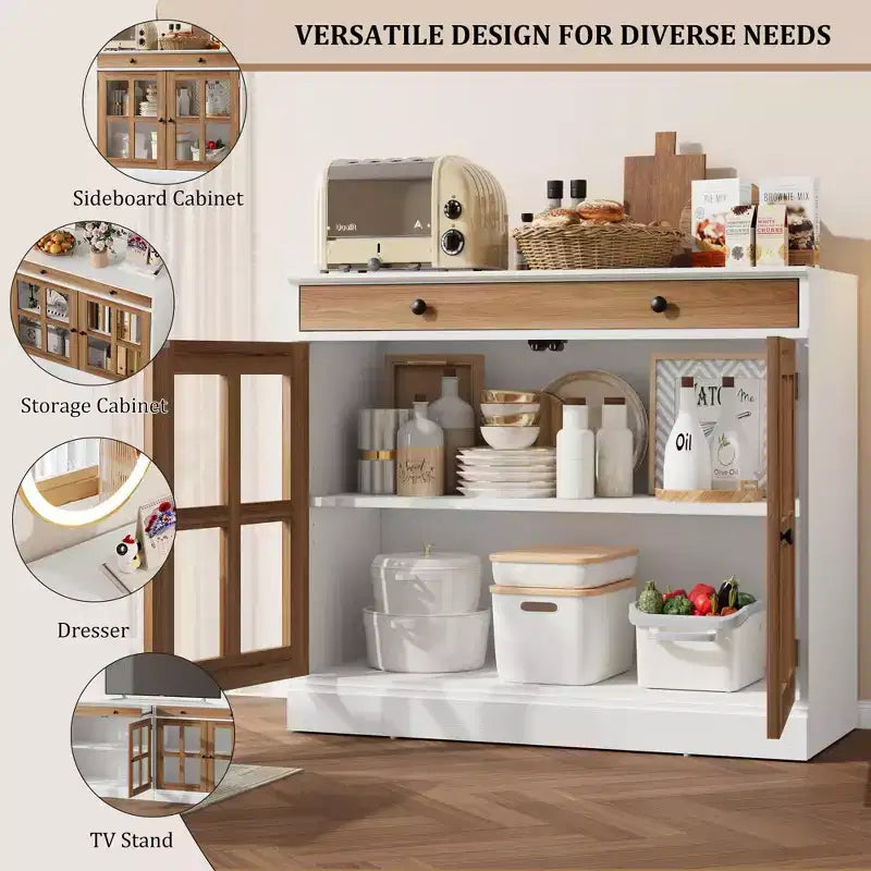 35.4 Mobile credenza moderno con ante in vetro, contenitore e cassetti - Soluzione di stoccaggio versatile per sala da pranzo e cucina