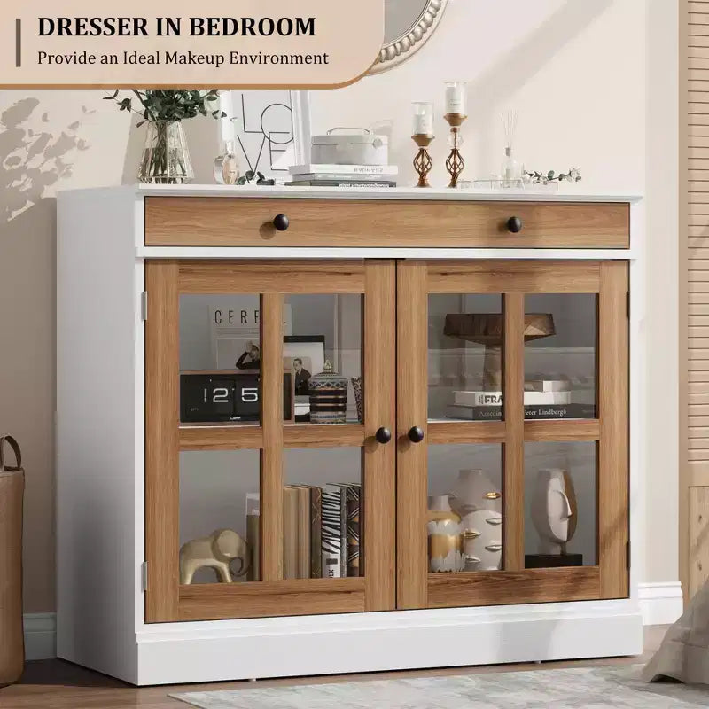 35.4 Mobile credenza moderno con ante in vetro, contenitore e cassetti - Soluzione di stoccaggio versatile per sala da pranzo e cucina