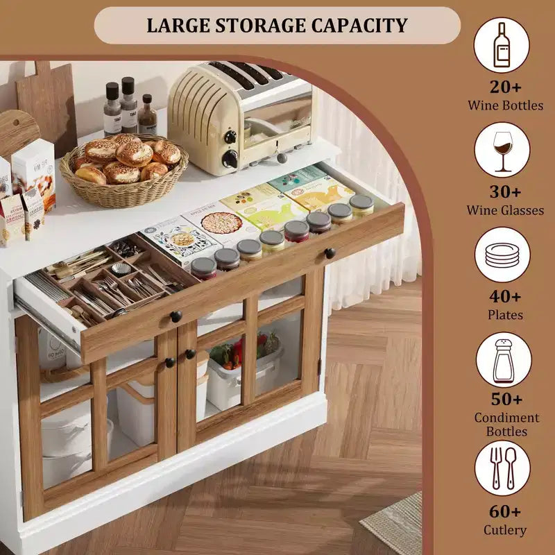 35.4 Mobile credenza moderno con ante in vetro, contenitore e cassetti - Soluzione di stoccaggio versatile per sala da pranzo e cucina