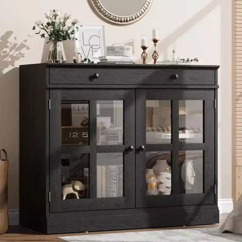 35.4 Modern Sideboard Buffet Cabinet with Glass Door, Storage & Drawers - Versatile Dining Room and Kitchen Storage Solution