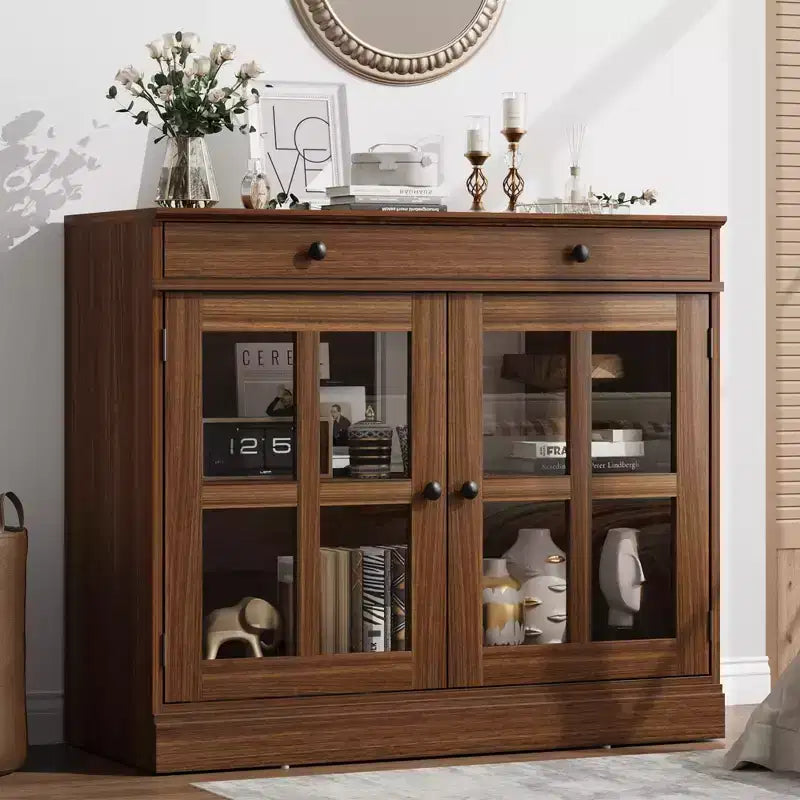 Buffet moderne de 35,4 po avec portes en verre, rangement et tiroirs - Solution de rangement polyvalente pour salle à manger et cuisine
