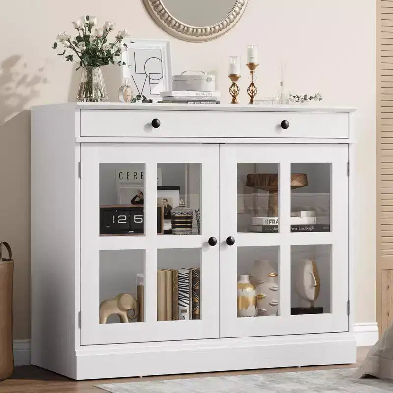 Buffet moderne de 35,4 po avec portes en verre, rangement et tiroirs - Solution de rangement polyvalente pour salle à manger et cuisine