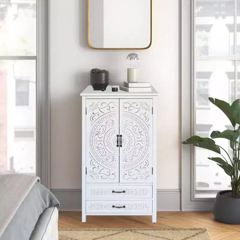 Meuble de Rangement Haut avec Tiroirs, Armoire de Rangement d'Appoint avec Portes Sculptées, Buffet pour Chambre, Salon, Entrée - Panipeachy