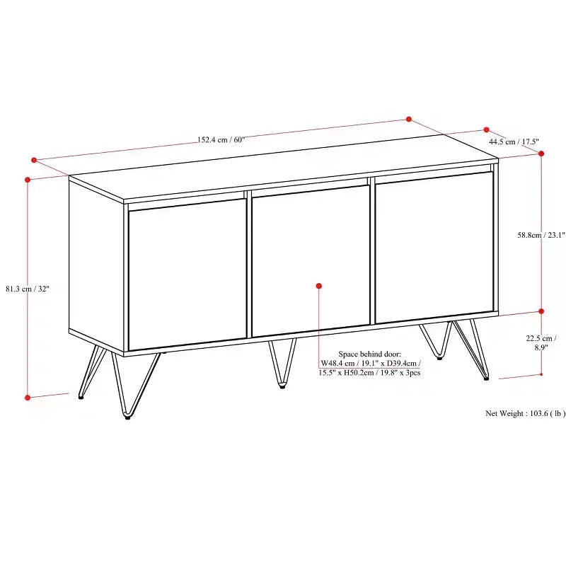 Moreno Credenza/Buffet a 3 ante rettangolare industriale contemporanea da 152 x 45 cm in impiallacciatura di noce