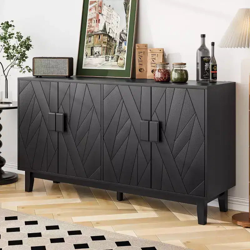 Credenza moderna nera a buffet da 55", mobile a 4 ante in legno ingegnerizzato con motivo geometrico astratto e gambe in legno massello - Panipeachy
