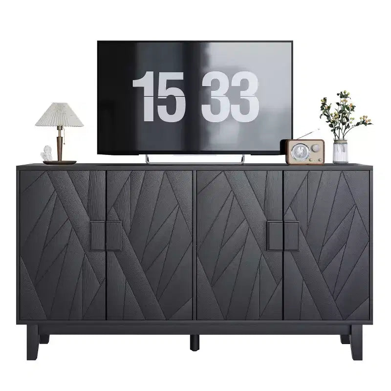 Credenza moderna nera a buffet da 55", mobile a 4 ante in legno ingegnerizzato con motivo geometrico astratto e gambe in legno massello - Panipeachy
