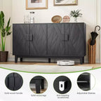 Credenza moderna nera a buffet da 55", mobile a 4 ante in legno ingegnerizzato con motivo geometrico astratto e gambe in legno massello - Panipeachy