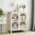 32 Cream Accent Cabinet with Glass Doors, Modern Retro Sideboard Buffet with Geometric Petal Design & Solid Wood Legs - Panipeachy