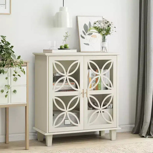 32 Cream Accent Cabinet with Glass Doors, Modern Retro Sideboard Buffet with Geometric Petal Design & Solid Wood Legs - Panipeachy