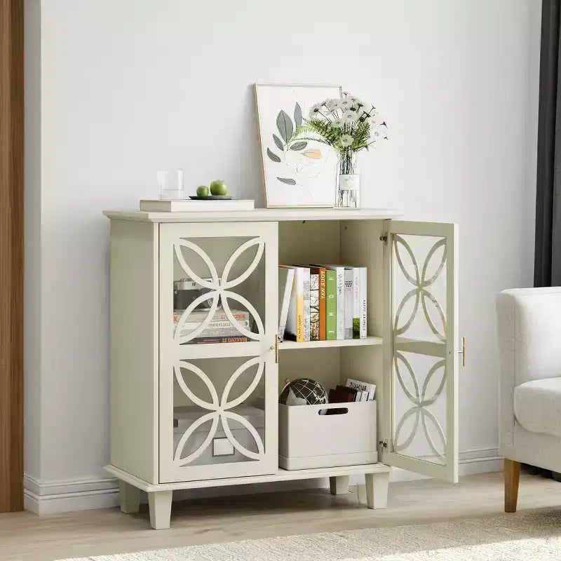 32 Credenza color crema con ante in vetro, Madia-Buffet moderna retrò con design geometrico a petalo e gambe in legno massello - Panipeachy