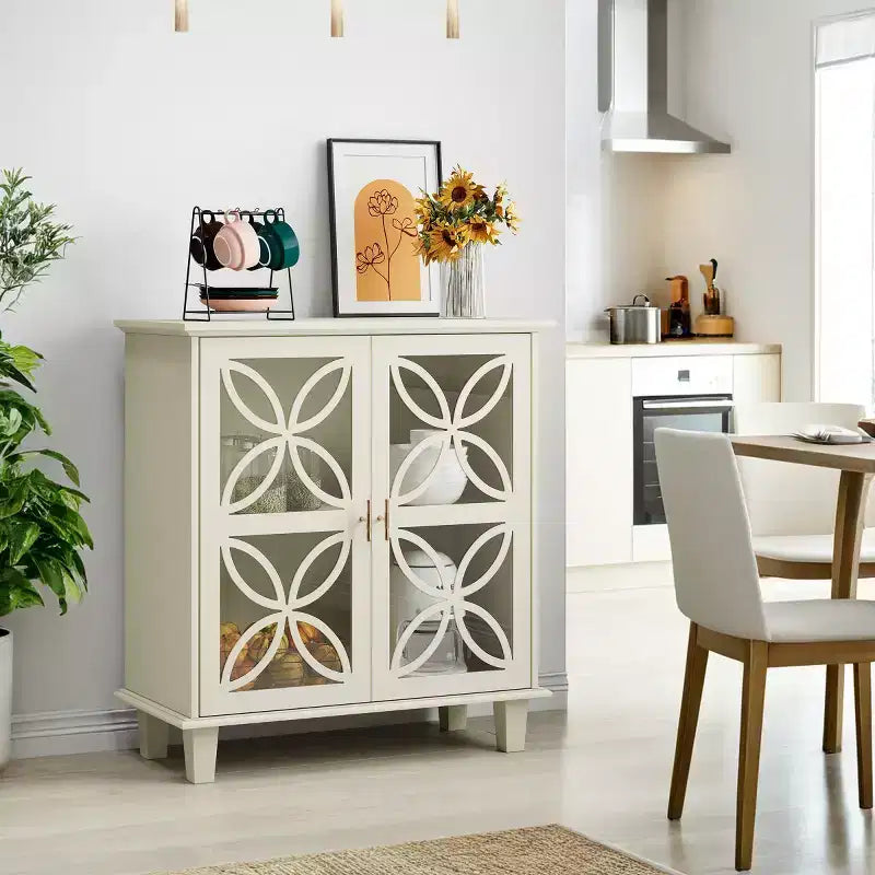 32 Credenza color crema con ante in vetro, Madia-Buffet moderna retrò con design geometrico a petalo e gambe in legno massello - Panipeachy