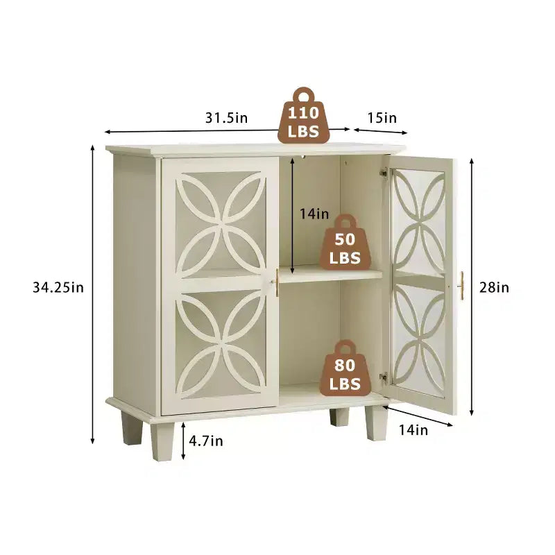 32 Credenza color crema con ante in vetro, Madia-Buffet moderna retrò con design geometrico a petalo e gambe in legno massello - Panipeachy