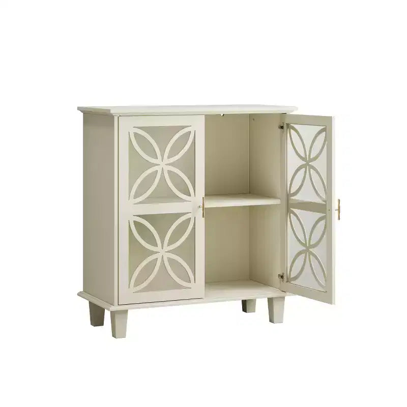 32 Credenza color crema con ante in vetro, Madia-Buffet moderna retrò con design geometrico a petalo e gambe in legno massello - Panipeachy