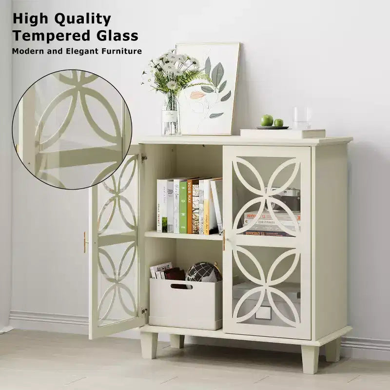 32 Credenza color crema con ante in vetro, Madia-Buffet moderna retrò con design geometrico a petalo e gambe in legno massello - Panipeachy